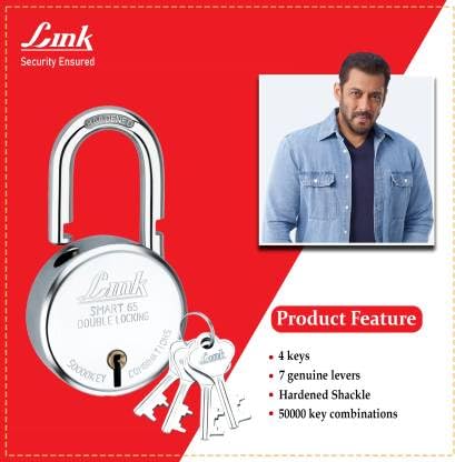 Link Smart 65mm Round | 7 Levers | Double Locking | Hardened Shackle | 50000 Key Combination Padlock (Silver)