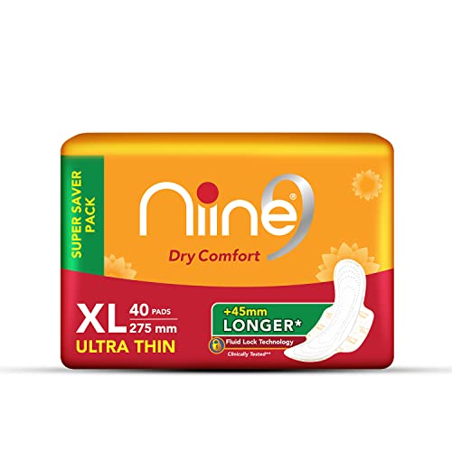 Niine Dry Comfort XL Sanitary Pads for Women |40 Pads, Pack of 1| 275mm Long| Fast Absorption| Prevents?Wetness & Leakage|?Enjoy?Leak-free?Periods?|With Anti-Leak Flow Channel