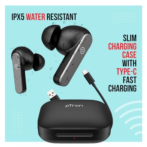 pTron Newly Launched Bassbuds Gomax TWS Earbuds, TruTalk AI-ENC Calls, 36Hrs Playtime, 13mm Drivers, in-Ear Bluetooth 5.3 Wireless Headphones, Voice Assistant, Type-C Fast Charging & IPX5 (Black)