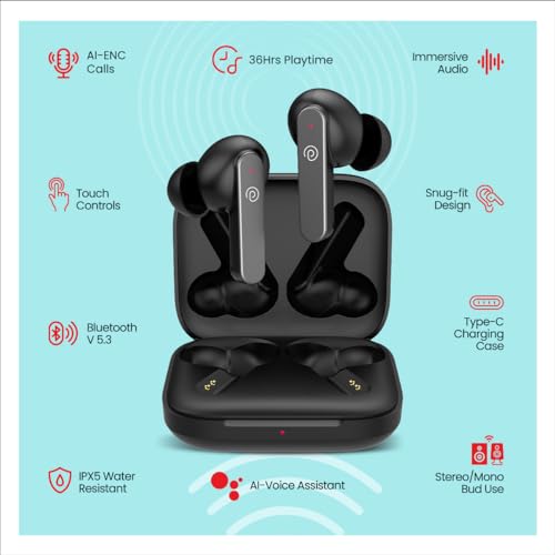 pTron Newly Launched Bassbuds Gomax TWS Earbuds, TruTalk AI-ENC Calls, 36Hrs Playtime, 13mm Drivers, in-Ear Bluetooth 5.3 Wireless Headphones, Voice Assistant, Type-C Fast Charging & IPX5 (Black)