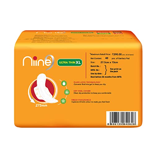 Niine Dry Comfort XL Sanitary Pads for Women |40 Pads, Pack of 1| 275mm Long| Fast Absorption| Prevents?Wetness & Leakage|?Enjoy?Leak-free?Periods?|With Anti-Leak Flow Channel