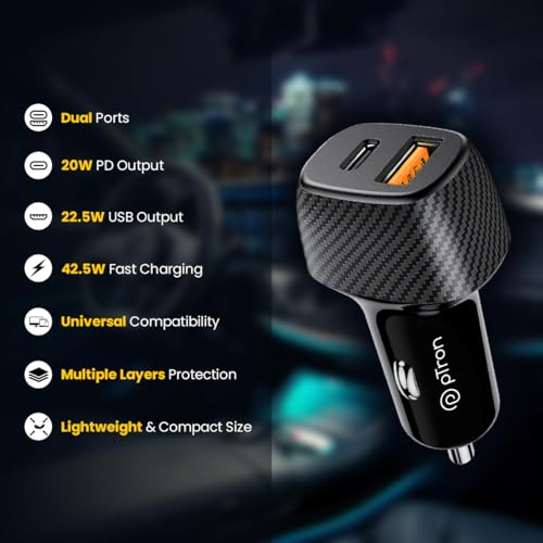 pTron Bullet Zip Mini 42.5W Car Charger with Dual Output, Super VOOC/VOOC Compatible, Fast Charging 20W Type-C/PD & 22.5W USB QC 3.0A & Multiple Protection Layers (Black)