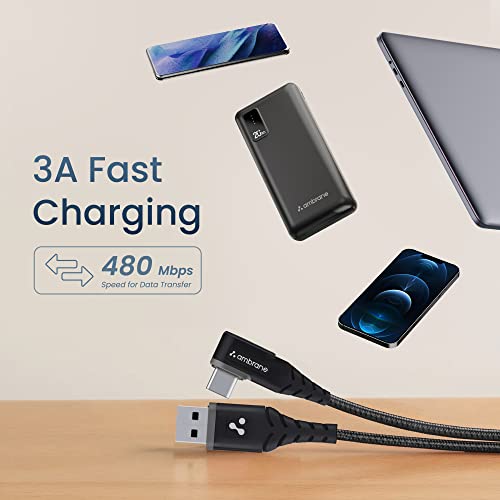 Ambrane Type C Mobile Charging Cable 3A Fast Charging, 1.5 Meter, L Shaped Braided Cable, 480Mbps Data Transfer for Smartphones, Tablets, Laptops & Other Type C Devices (ABLC10, Black and Grey)