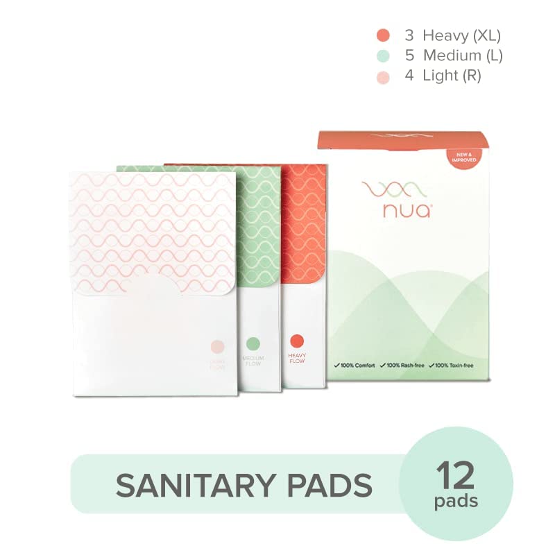 Nua Ultra-Safe Sanitary Pads For Women | 12 Ultra Thin Pads | 3 sizes in 1: Heavy Flow-XL+, Medium-XL & Light-L | Safe on Skin | Toxic-Free & Rash-Free | Unscented | Leakproof | With 12 Secure Shield Covers