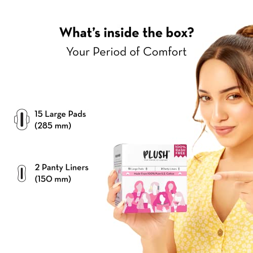 Plush Ultra-Thin Sanitary Pads For Women, 15 Large Natural Cotton Sanitary Napkins | Super Absorbent 15 Medium Flow Pads + 2 Panty Liners For Rash Free Periods | Pure U.S. Cotton Pads