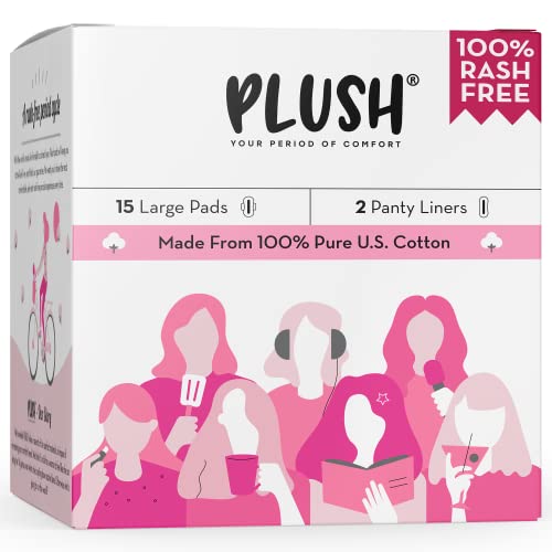 Plush Ultra-Thin Sanitary Pads For Women, 15 Large Natural Cotton Sanitary Napkins | Super Absorbent 15 Medium Flow Pads + 2 Panty Liners For Rash Free Periods | Pure U.S. Cotton Pads