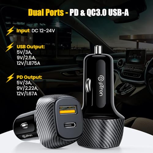 pTron Bullet Zip Mini 42.5W Car Charger with Dual Output, Super VOOC/VOOC Compatible, Fast Charging 20W Type-C/PD & 22.5W USB QC 3.0A & Multiple Protection Layers (Black)