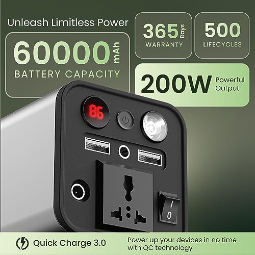 Ambrane 200W Portable Power Station Generator Perfect for Camping, Road Trips, Emergency Power, and More with Power Socket, 2 USB A, 1 DC, and 1 AC Port with LED light (Powerhub 200)