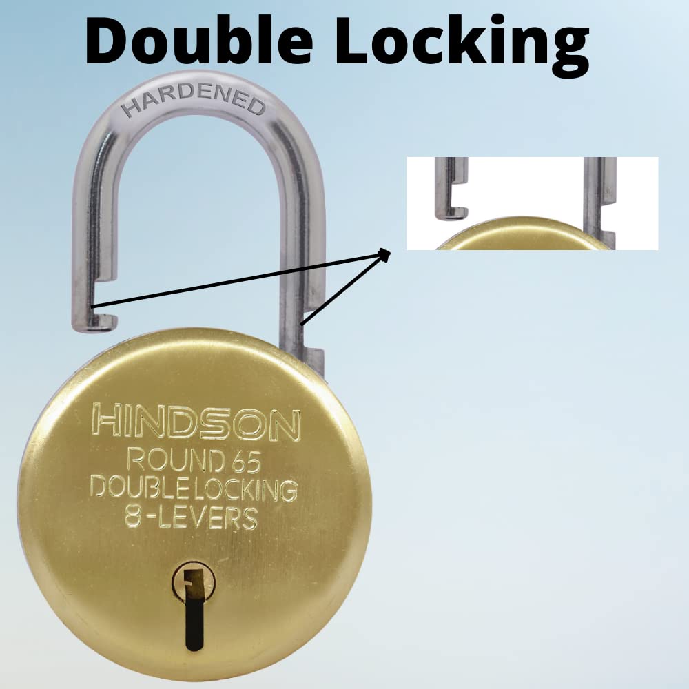 HINDSON Lock Gold Round 65mm with 3 Key, Steel Double Locking, 8 Lever Padlock for Door, Brass Gate, Shutter (Finish Gold)