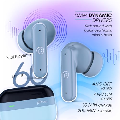 pTron Newly Launched Zenbuds 1 ANC Earbuds, 28dB Active Noise Cancellation TWS, Quad Mic TruTalk ENC Calls, 60Hrs Playtime, 45ms Game/Movie Mode & in-Ear Bluetooth 5.3 Wireless Headphones (Blue)