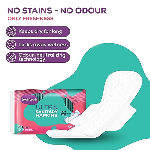 Evereve Ultra Sanitary Napkin/Pad, XXL 320mm, Pack of 30 Napkins, Maximum coverage, Ultra thin, Super absorbent core for fast absorption of liquid, Odour neutralising technology