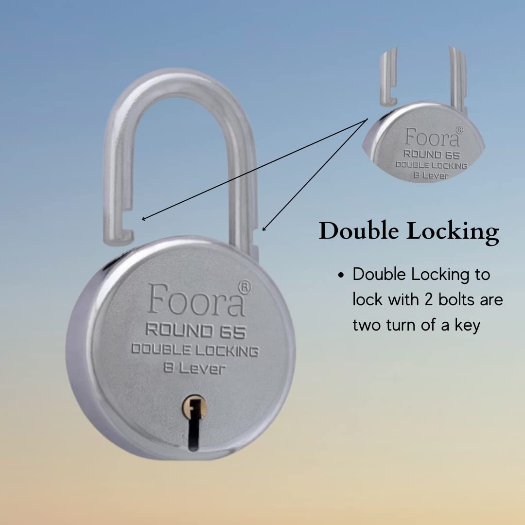 Foora Lock and Keys Door Lock for Home Round 65mm Padlock with 10 Keys Double Locking 8 Lever gate, Shop Shutter Good for Rental Apartment(10 Keys Round 65mm)