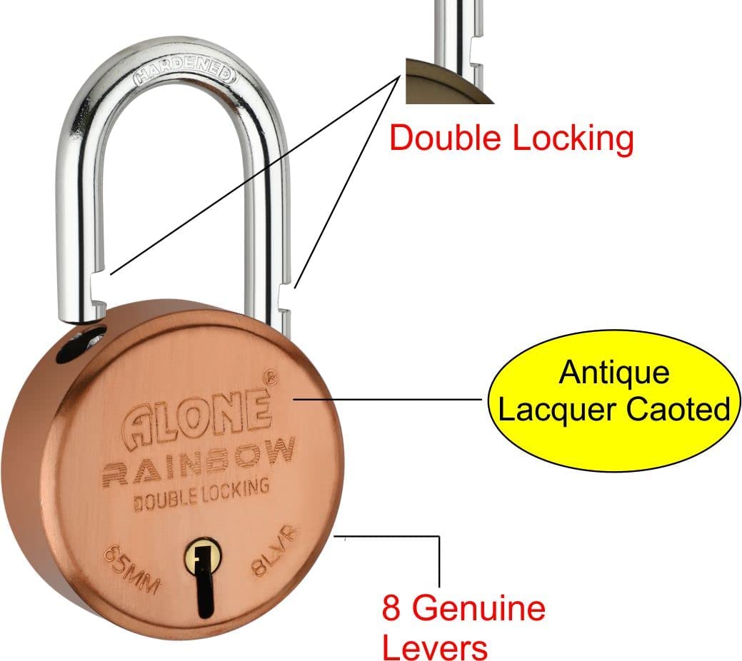 Alone Locks 65mm 10 Same Keys with 4 Padlocks | Double Locking 8 Levers | Antique Lock and Key for Home Door Main Gate Shutter Shop | Lacquer Caoted Rust Protect (Pack of 4)