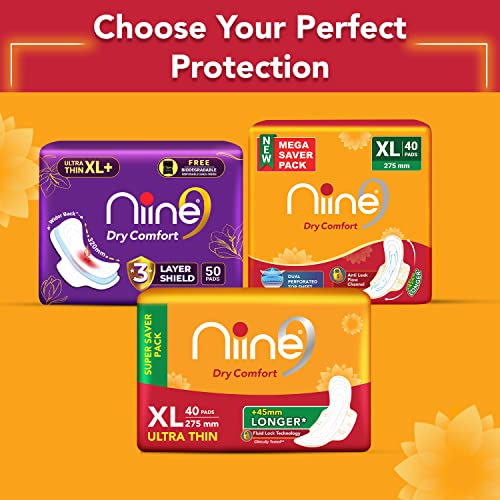 Niine Dry Comfort XL Sanitary Pads for Women |40 Pads, Pack of 1| 275mm Long| Fast Absorption| Prevents?Wetness & Leakage|?Enjoy?Leak-free?Periods?|With Anti-Leak Flow Channel