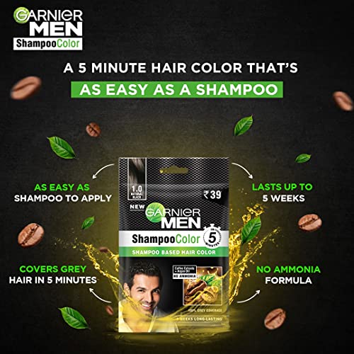 4x Garnier Men, Liquid Hair Colour, 100% Grey Coverage, Shampoo Color, 1.0 Natural Black, 10ml+10ml (Pack of 4)