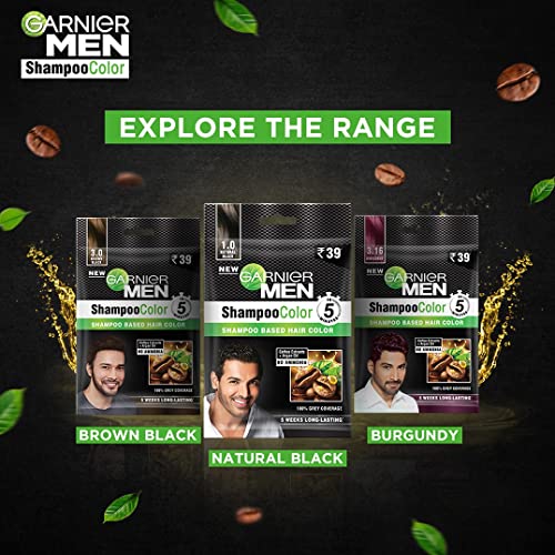 4x Garnier Men, Liquid Hair Colour, 100% Grey Coverage, Shampoo Color, 1.0 Natural Black, 10ml+10ml (Pack of 4)