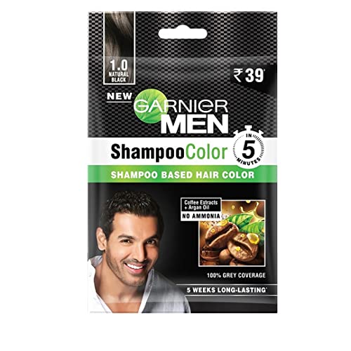 4x Garnier Men, Liquid Hair Colour, 100% Grey Coverage, Shampoo Color, 1.0 Natural Black, 10ml+10ml (Pack of 4)