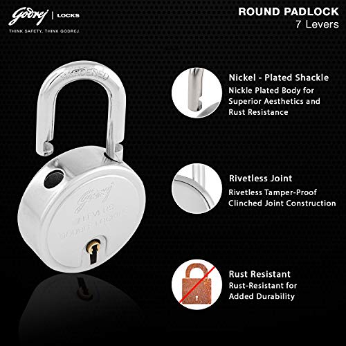 Godrej Round 7 levers (67mm) Alloy Steel Padlock 8149 Steel with 3 Keys (Silver)