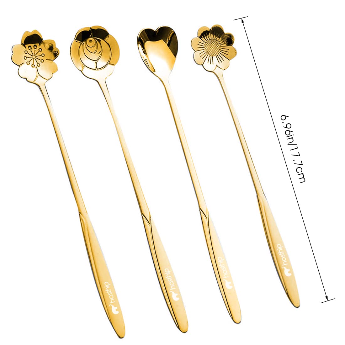 HASTHIP? Golden Spoon Set/Coffee Spoon/Dessert Spoon/Cutlery Kitchen Tableware/Stainless Steel Gold Flower Shape Coffee Spoon with Package Bag, 18cm, 4 Pcs Different Coffee Spoon