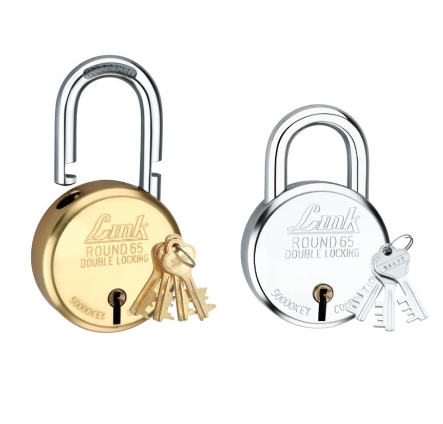 Link Exclusive Silver with Gold Festival Offer Buy Round 65 Brass Body (4 Keys) 8 Levers Padlock Get New Round 65 Free | Hardened Shackle | Double Locking | Buy 1 Get 1 Free | 15 Years Warranty.