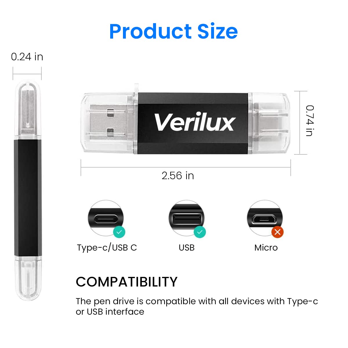 Verilux? Pendrive 64GB Flash Drive 2 in 1 with USB A 3.0, USB C Interface OTG Pendrive Type C Pendrive Portable USB 3.0 Pendrive for MacBook Air/Pro, Android Mobile Phone, Pad, Laptop Computer