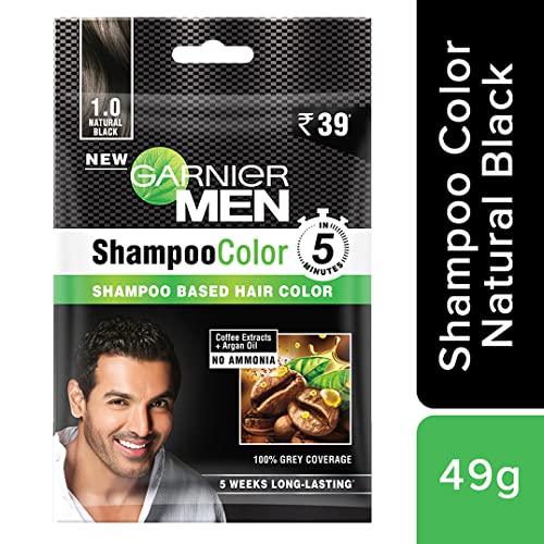 4x Garnier Men, Liquid Hair Colour, 100% Grey Coverage, Shampoo Color, 1.0 Natural Black, 10ml+10ml (Pack of 4)