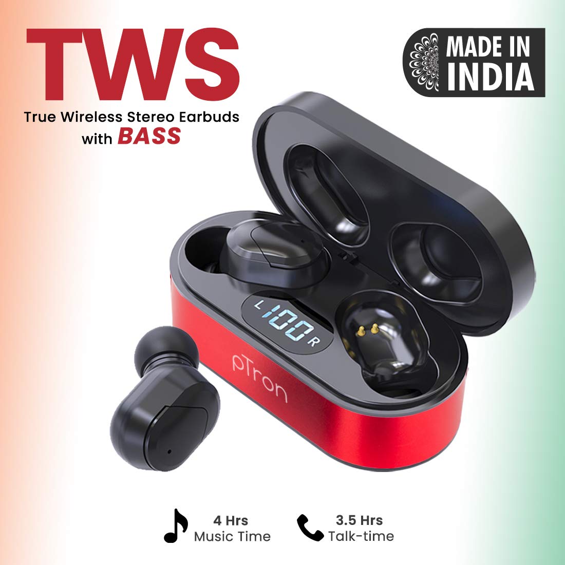 pTron Bassbuds Plus in Ear True Wireless Stereo Earbuds with Mic, Deep Bass Bluetooth Headphones, Voice Assistance, IPX4 Sweat & Water Resistant TWS, 12Hrs Battery & Fast Charge (Red & Black)