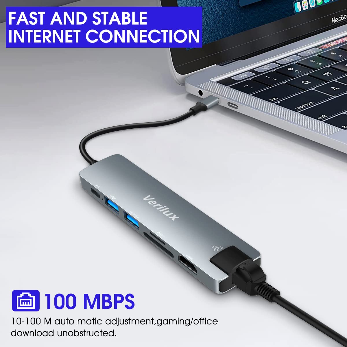 Verilux? USB C Hub with Ethernet RJ45 7 in 1 Multi USB Port for Laptop with USB Hub 3.0 and 2.0, PD 87W Charging Port, USB Type C Hub with 4K HDMI Converter SD/TF Card Reader for MacBook Air Pro M1 M2