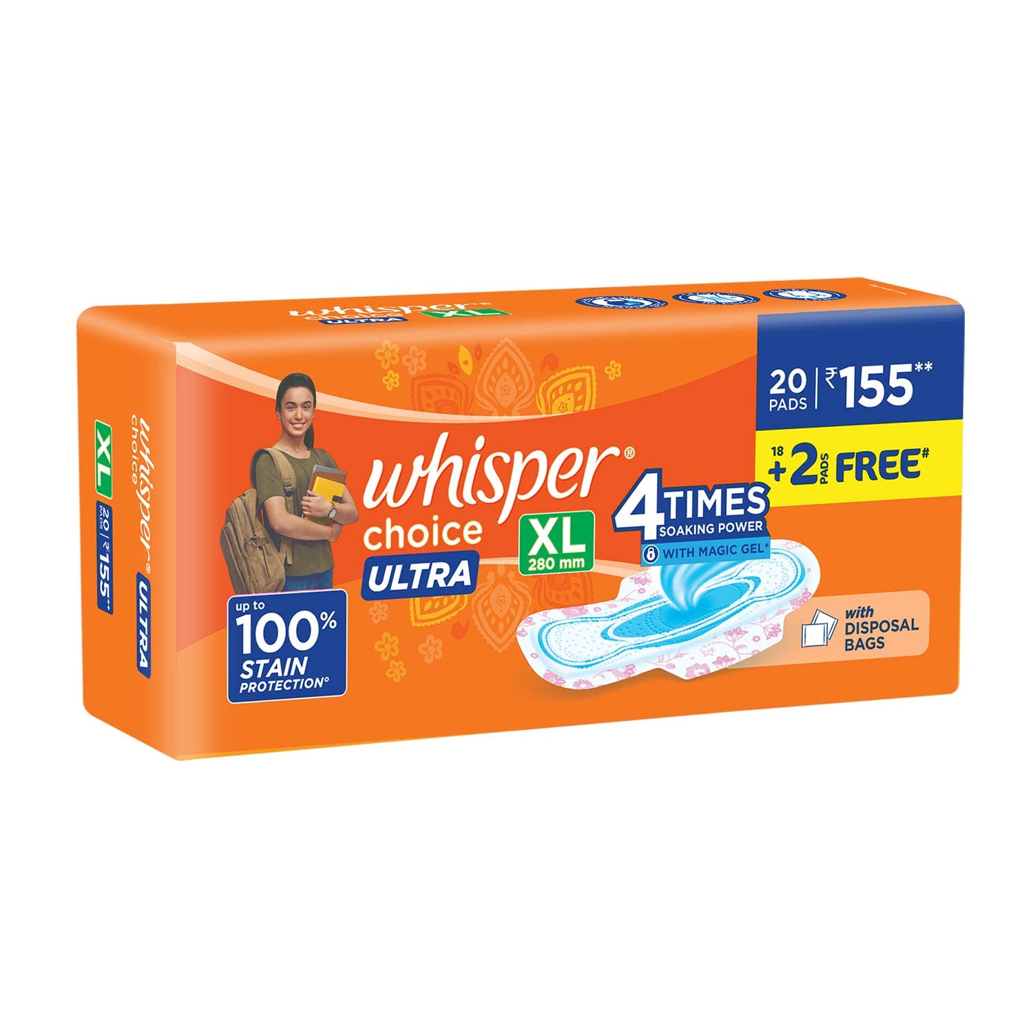 Whisper Choice Ultra XL Sanitary Pads|20 thin Pads|XL|upto 100% Stain protection|side safe Wings|With Liquid lock magic gel|5 cm longer & 20% wider|DRI-weave topsheet|28.4 cm Long|With disposable wrap| 2 Pads Free