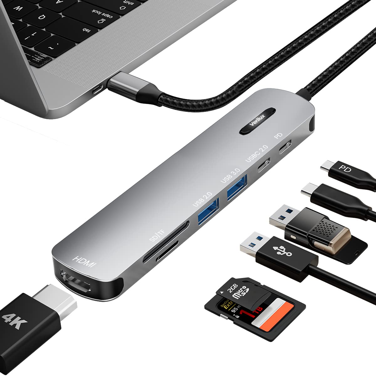 Verilux? USB C HUB 7 in 1 USB C to HDMI Adapter 4K@30Hz, 2.0/3.0 USB Adapter Multiple Port, SD/TF Card Reader, PD 100W & C Data Port USB Type C Hub for Laptop, MacBook Pro Air 20CM USB Hub Long Cable