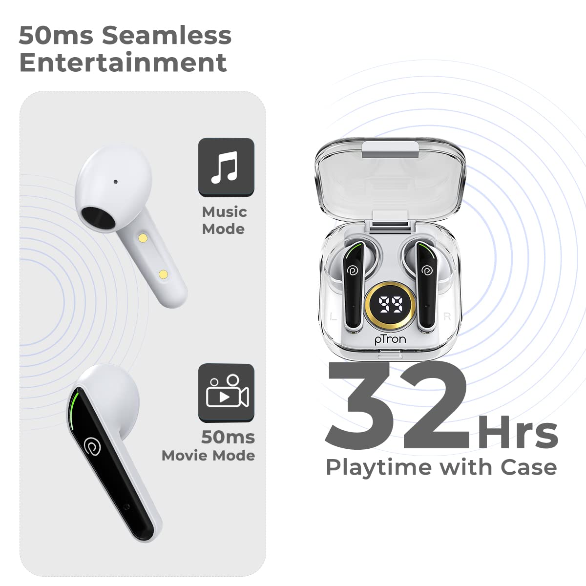 PTron Newly Launched Bassbuds Nyx in-Ear Wireless Headphone, Immersive Audio, BT5.1, Stereo Calls, 50ms Movie Mode, Touch Control TWS Earbuds, Digital Case, Type-C Fast Charging & IPX4 (White/Black)