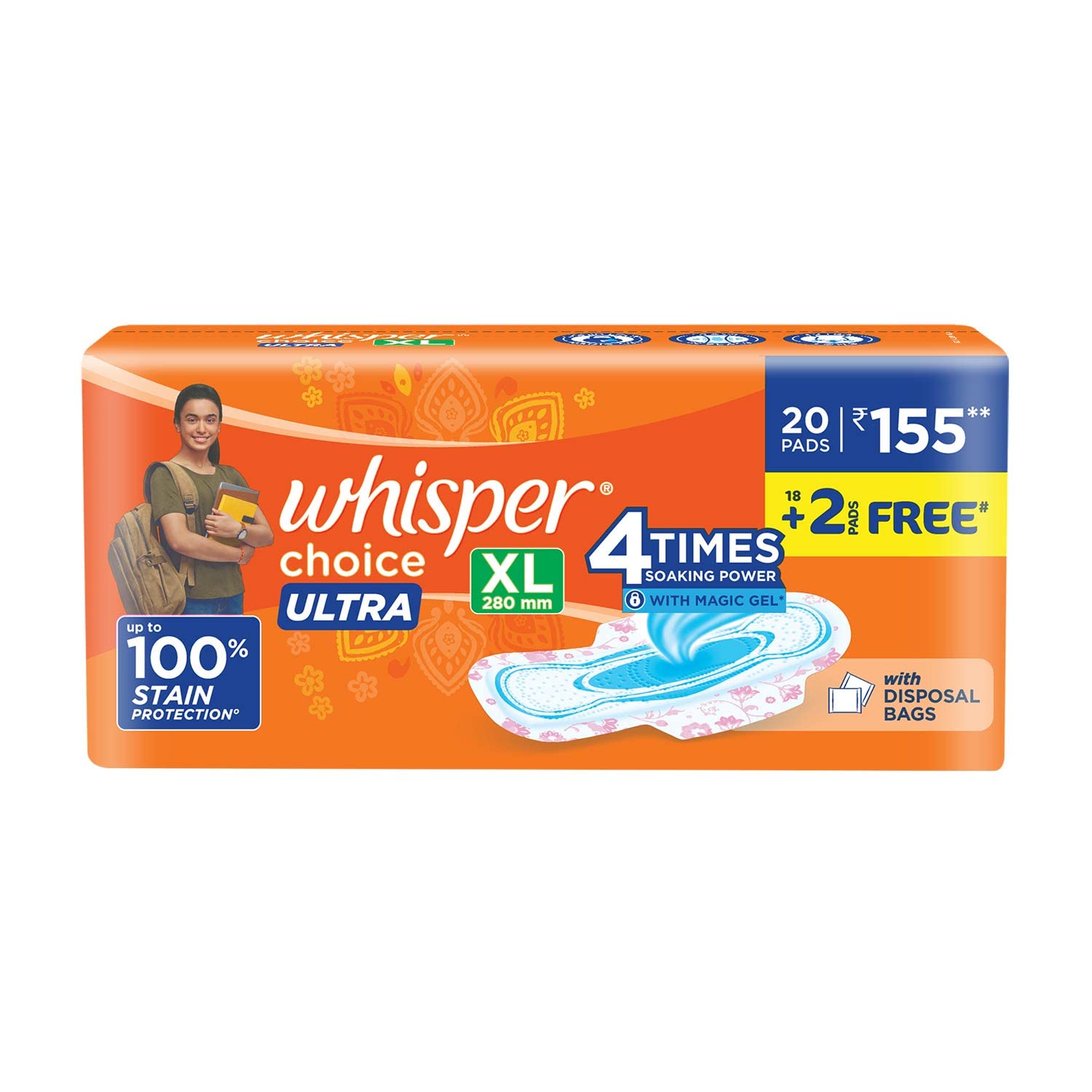 Whisper Choice Ultra XL Sanitary Pads|20 thin Pads|XL|upto 100% Stain protection|side safe Wings|With Liquid lock magic gel|5 cm longer & 20% wider|DRI-weave topsheet|28.4 cm Long|With disposable wrap| 2 Pads Free