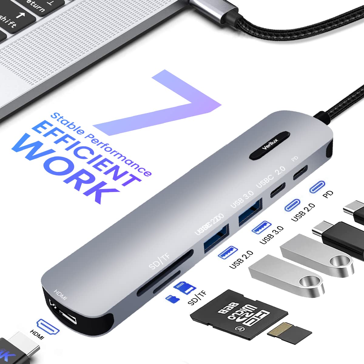 Verilux? USB C HUB 7 in 1 USB C to HDMI Adapter 4K@30Hz, 2.0/3.0 USB Adapter Multiple Port, SD/TF Card Reader, PD 100W & C Data Port USB Type C Hub for Laptop, MacBook Pro Air 20CM USB Hub Long Cable