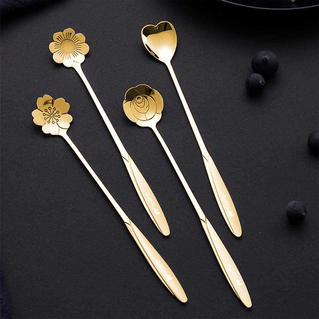 HASTHIP? Golden Spoon Set/Coffee Spoon/Dessert Spoon/Cutlery Kitchen Tableware/Stainless Steel Gold Flower Shape Coffee Spoon with Package Bag, 18cm, 4 Pcs Different Coffee Spoon
