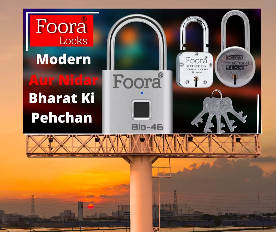 Foora Lock and Keys Door Lock for Home atoot 60mm Hardened Shackle Padlock with 5 Keys and Key Chain Double Locking 8 Lever gate, Shop Shutter (Silver Polished Finish)