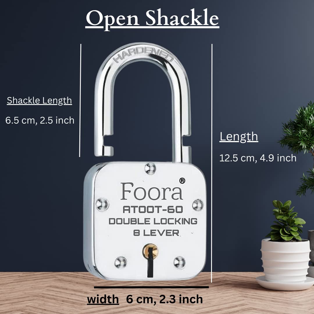 Foora Lock and Keys Door Lock for Home atoot 60mm Hardened Shackle Padlock with 5 Keys and Key Chain Double Locking 8 Lever gate, Shop Shutter (Silver Polished Finish)