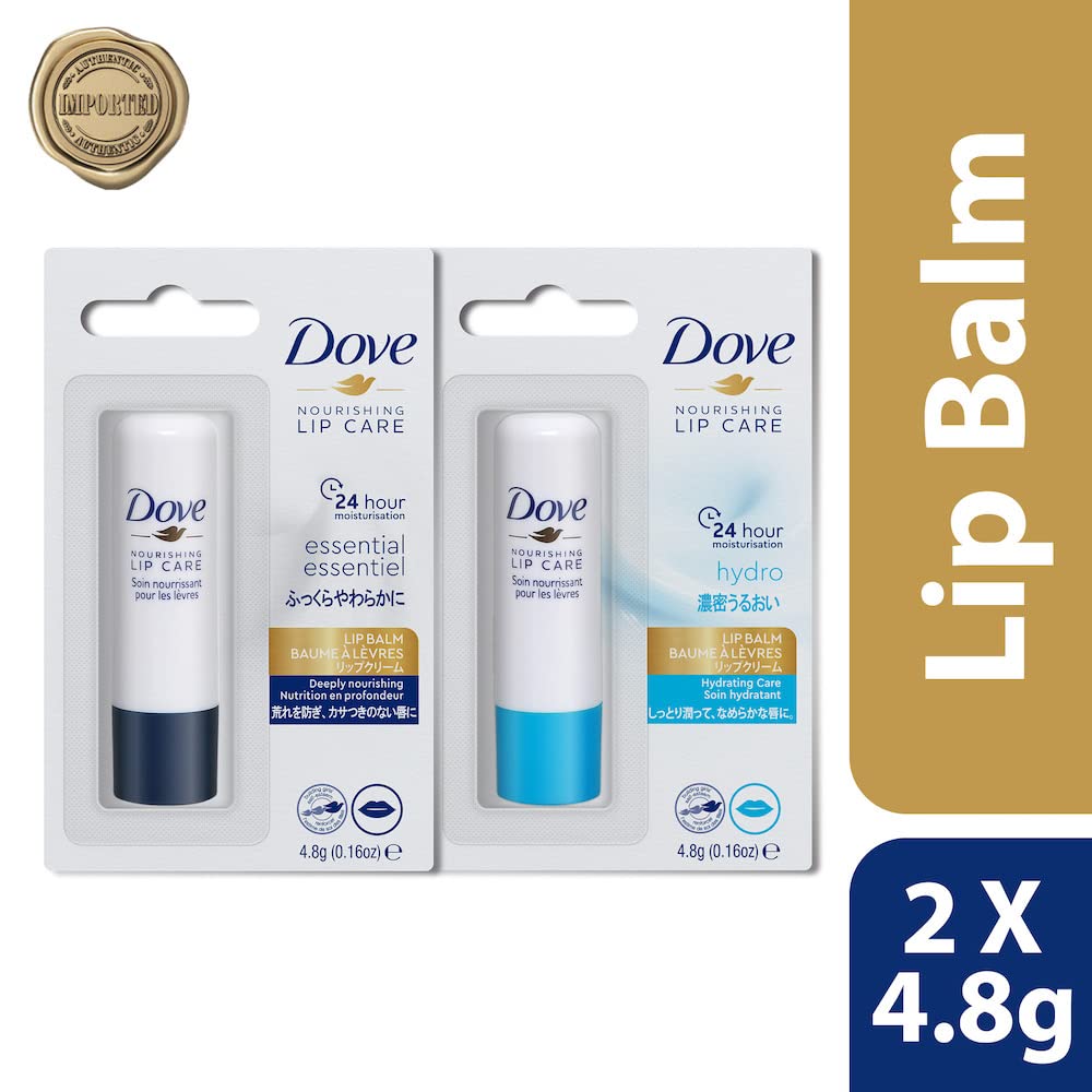 Dove Essential Nourishing Lip Care & Hydro Nourishing Lip Care, Longlasting Lip Balm, 24 Hr Hydration, Imported, 4.8g, PO2, Blue