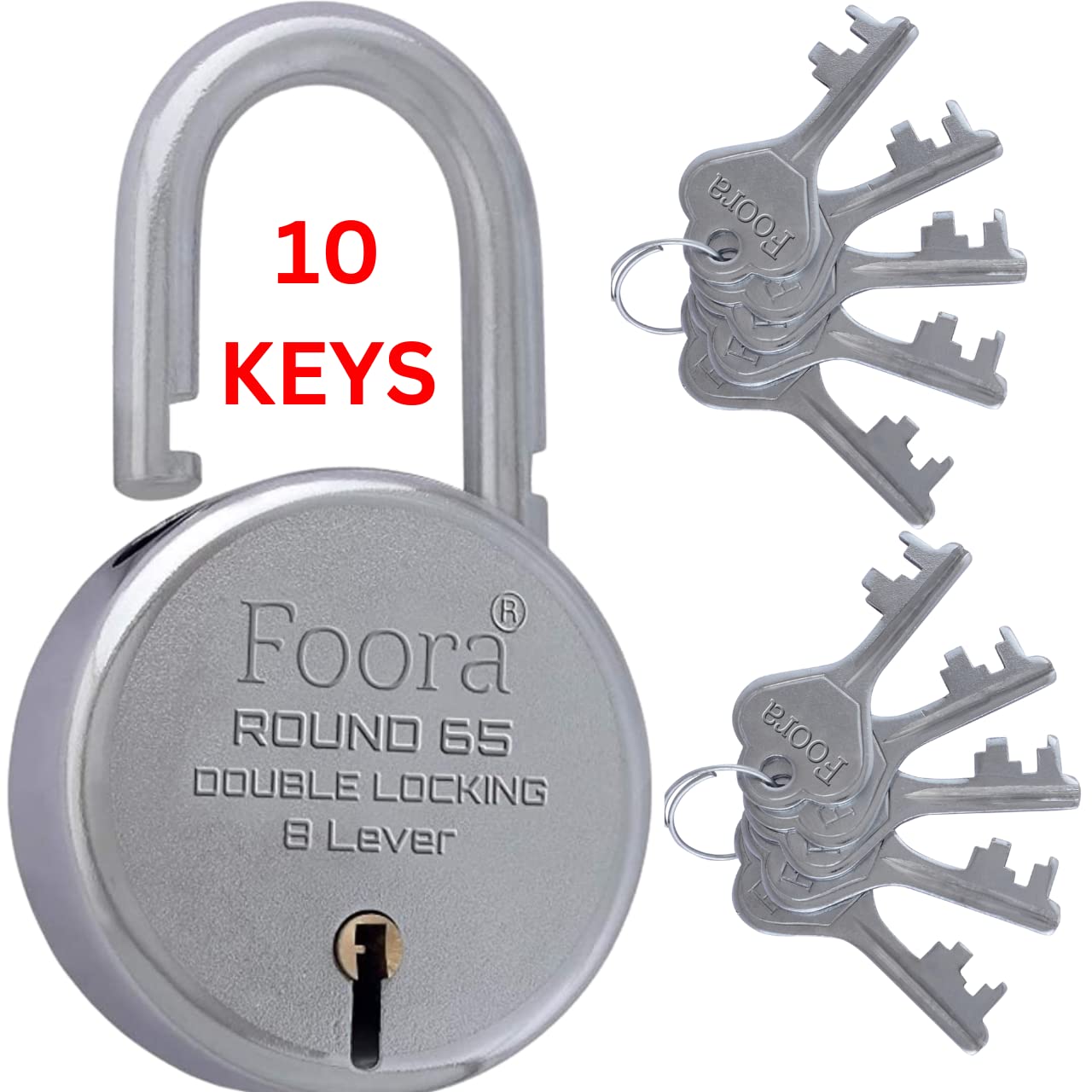 Foora Lock and Keys Door Lock for Home Round 65mm Padlock with 10 Keys Double Locking 8 Lever gate, Shop Shutter Good for Rental Apartment(10 Keys Round 65mm)