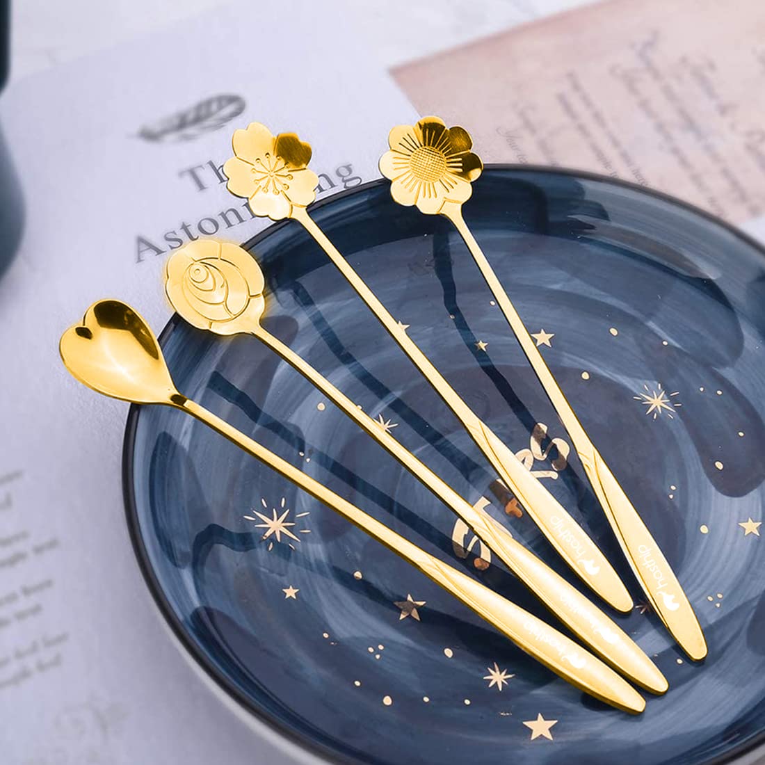 HASTHIP? Golden Spoon Set/Coffee Spoon/Dessert Spoon/Cutlery Kitchen Tableware/Stainless Steel Gold Flower Shape Coffee Spoon with Package Bag, 18cm, 4 Pcs Different Coffee Spoon