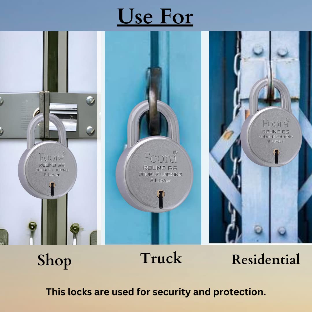 Foora Lock and Keys Door Lock for Home Round 65mm Padlock with 10 Keys Double Locking 8 Lever gate, Shop Shutter Good for Rental Apartment(10 Keys Round 65mm)