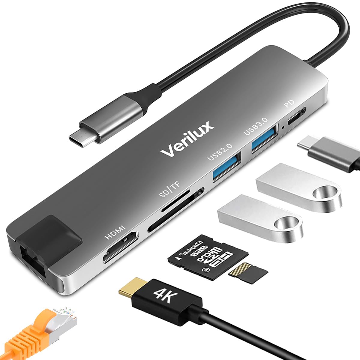 Verilux? USB C Hub with Ethernet RJ45 7 in 1 Multi USB Port for Laptop with USB Hub 3.0 and 2.0, PD 87W Charging Port, USB Type C Hub with 4K HDMI Converter SD/TF Card Reader for MacBook Air Pro M1 M2