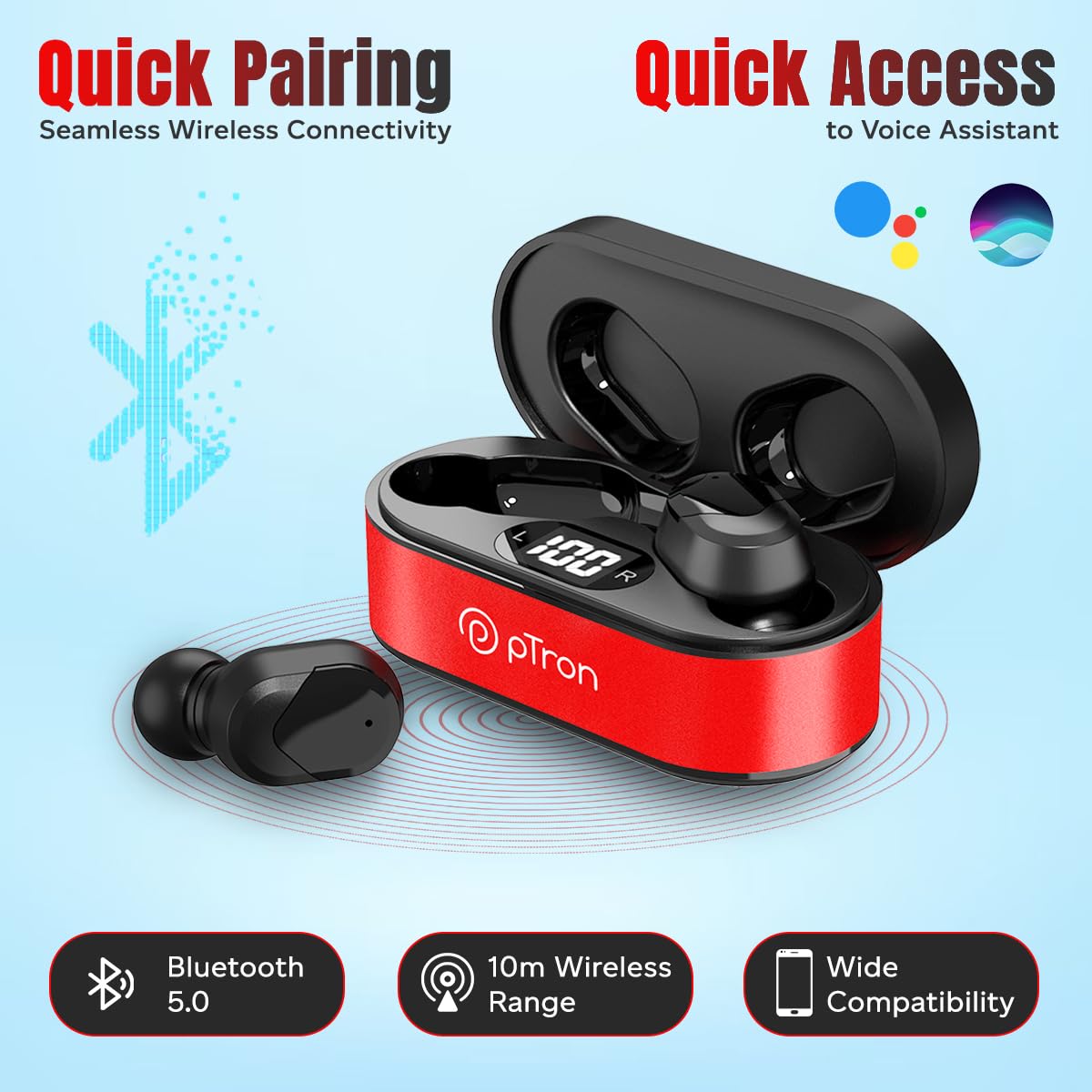 pTron Bassbuds Plus in-Ear TWS Earbuds with HD Mics, Bluetooth 5.0 Headphones with Immersive Sound, Stereo Calls, 28Hrs Playtime, Voice Assist Ready, IPX4 Water Resistant & Fast Charge (Raging Red)