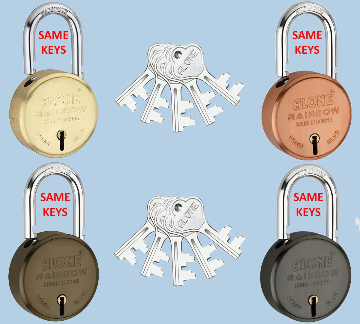 Alone Locks 65mm 10 Same Keys with 4 Padlocks | Double Locking 8 Levers | Antique Lock and Key for Home Door Main Gate Shutter Shop | Lacquer Caoted Rust Protect (Pack of 4)