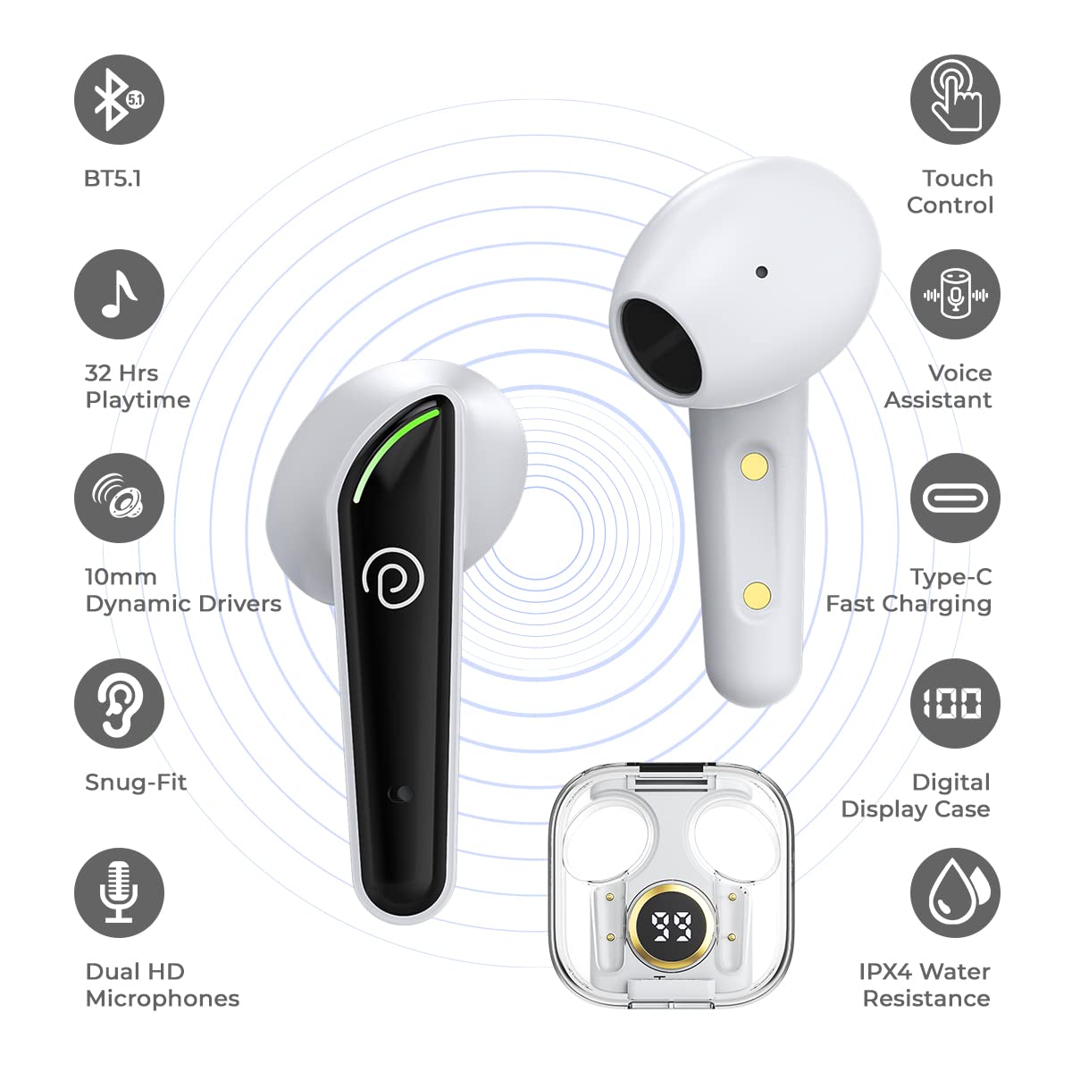 PTron Newly Launched Bassbuds Nyx in-Ear Wireless Headphone, Immersive Audio, BT5.1, Stereo Calls, 50ms Movie Mode, Touch Control TWS Earbuds, Digital Case, Type-C Fast Charging & IPX4 (White/Black)