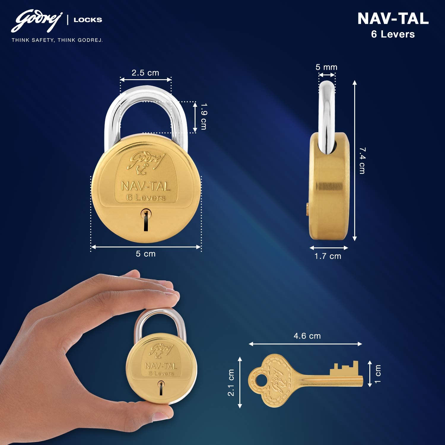 Godrej Locks Navtal 6 Levers Brass Lock with 3 Keys (Brown, Set of 1) Polished Finish