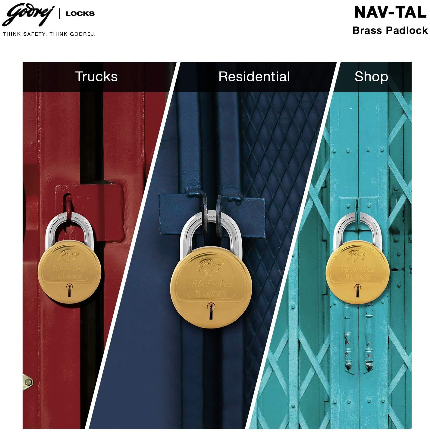 Godrej Locking Solutions and Systems Nav-tal 8 Levers Brass Finish Padlock for Home with 3 Keys (Gold)
