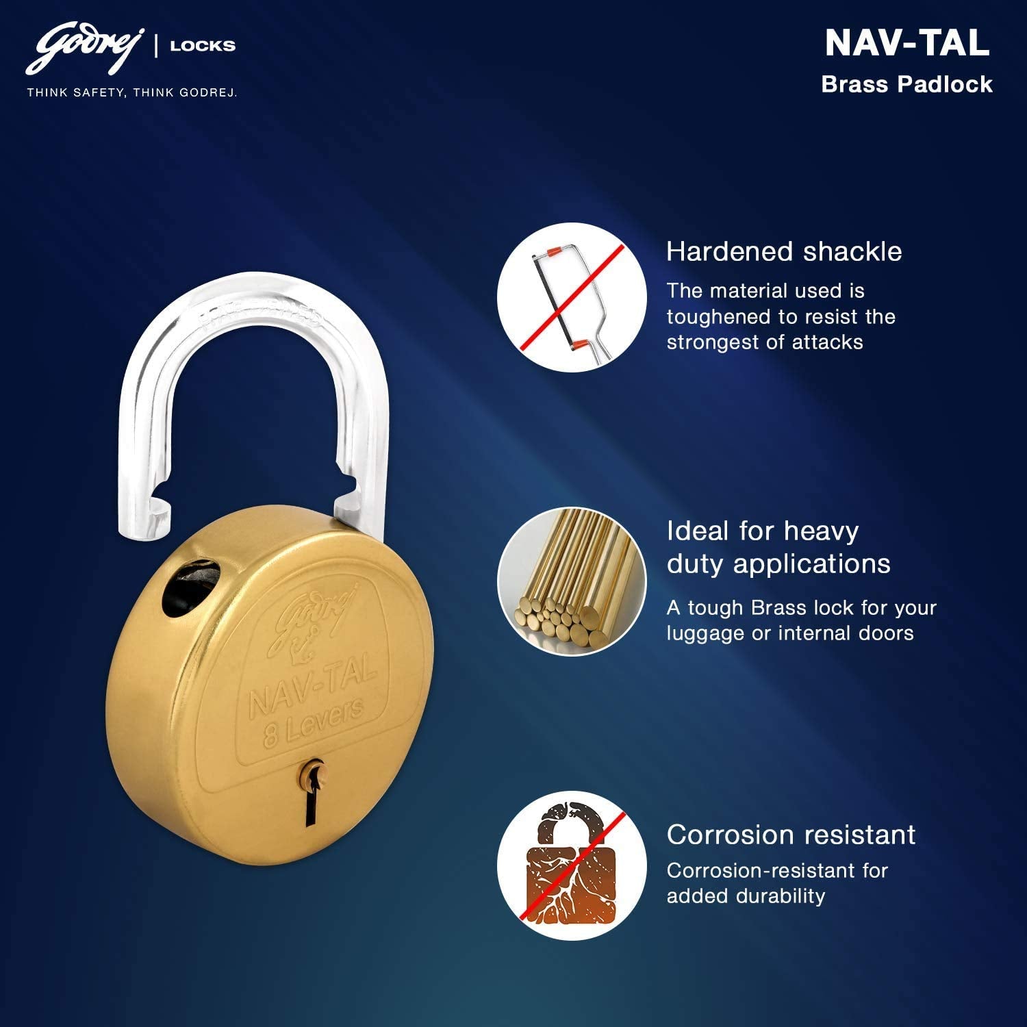 Godrej Locking Solutions and Systems Nav-tal 8 Levers Brass Finish Padlock for Home with 3 Keys (Gold)