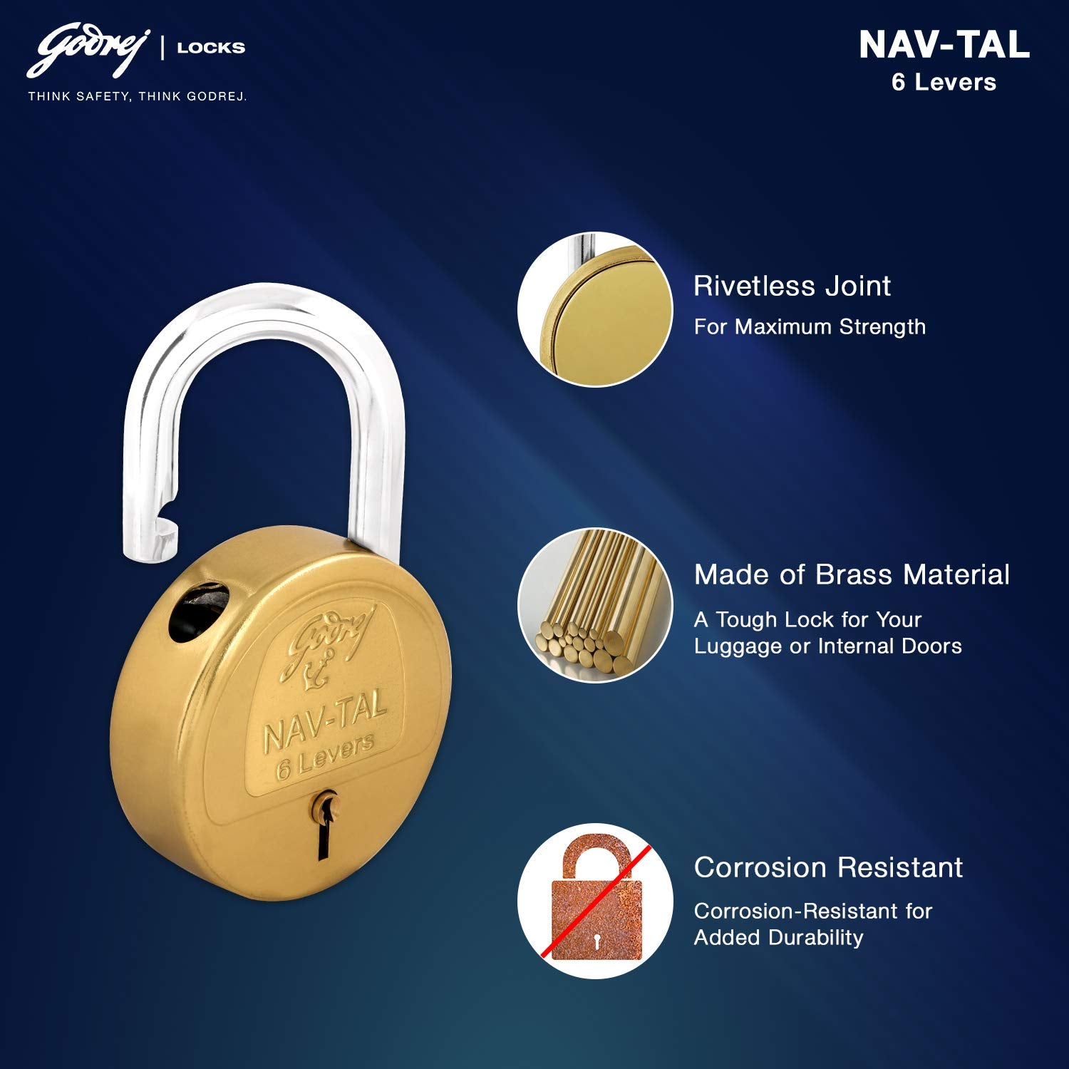 Godrej Locks Navtal 6 Levers Brass Lock with 3 Keys (Brown, Set of 1) Polished Finish