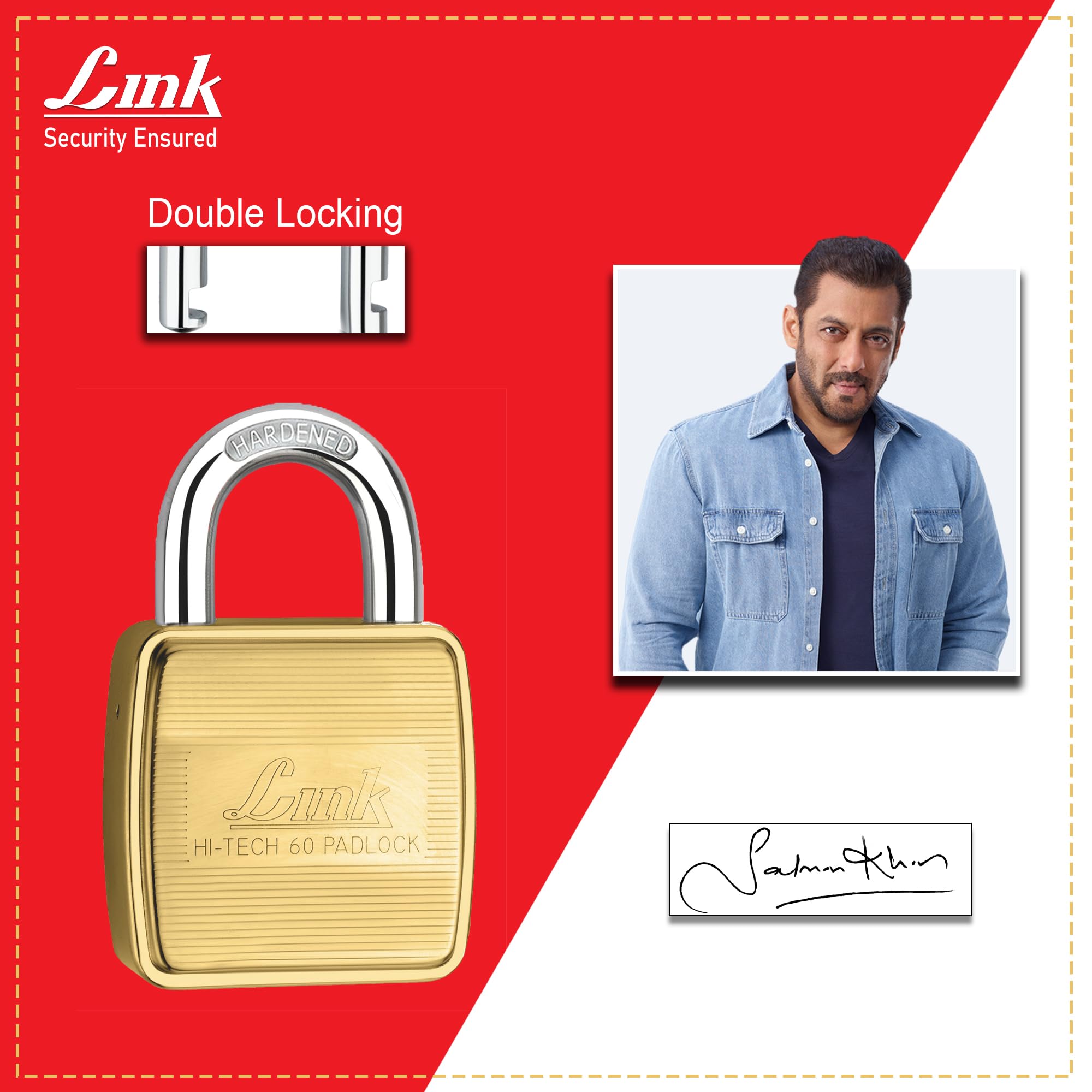 Link Hi-Tech Square 60mm Brass Lock | Brass Body | Hardened Shackle | Double Locking Padlock (Gold) Pack of 1