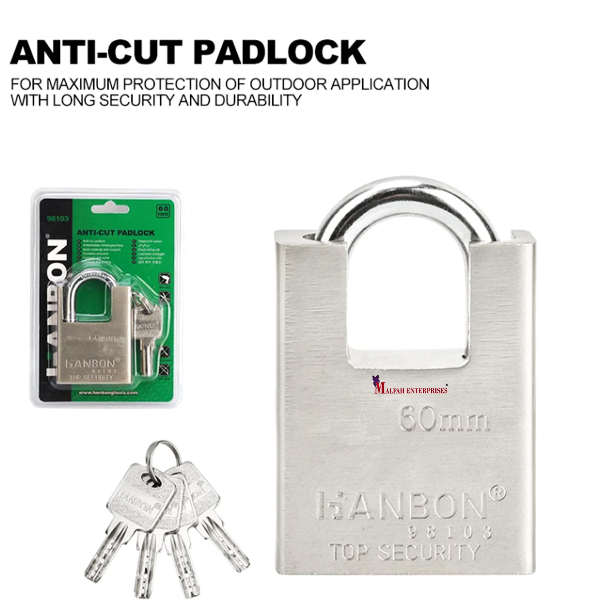 Malfah Enterprises Padlock 60mm for Main Door Gate Lock Tool Box, Shutters, Shops & Offices Corrosion Resistant Anti Cut 98103 Hanbon